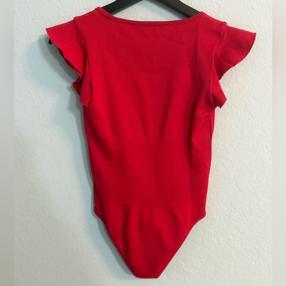 OQQ Red Ruffled Flutter Sleeve Ribbed Bodysuit - Picture 6 of 7